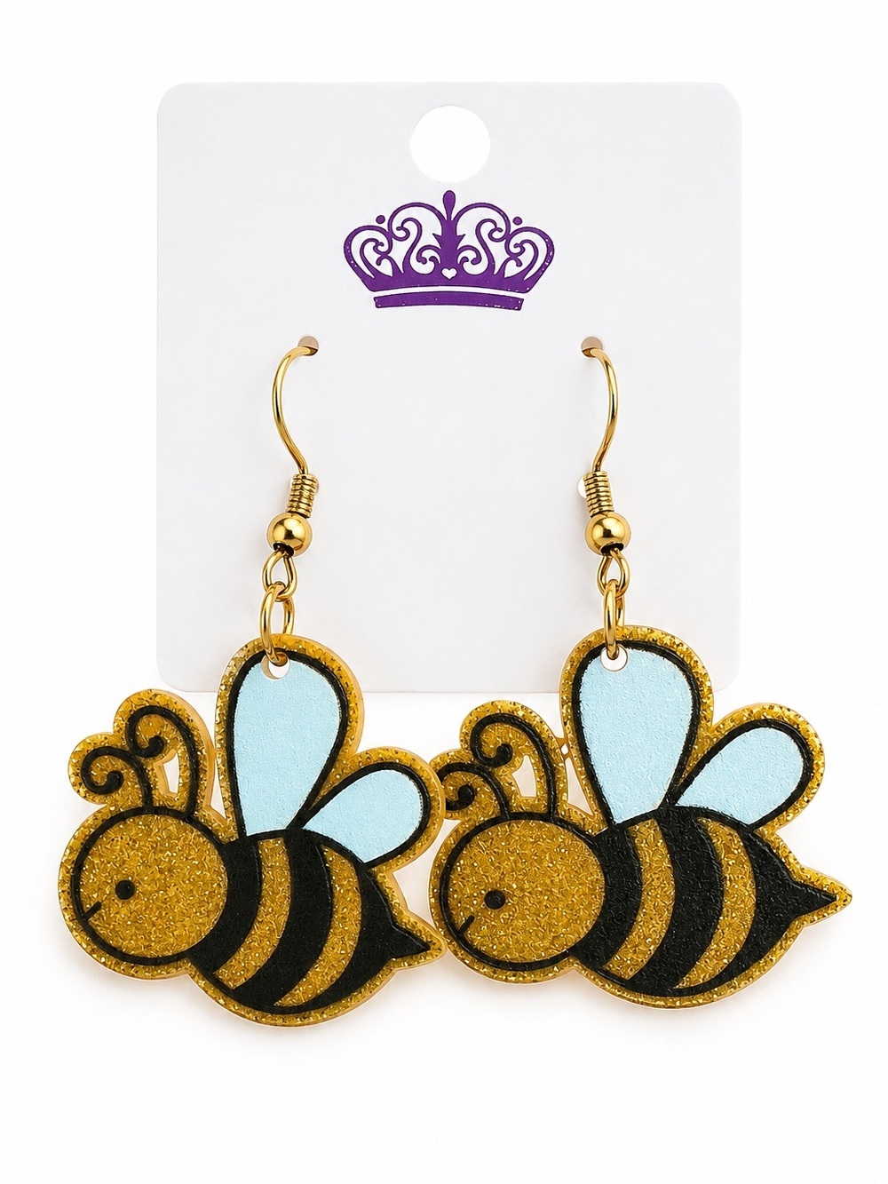 Glitter Bee Dangle Earrings Gold Tone Cute Bumble Bee Acrylic Spring Cottagecore